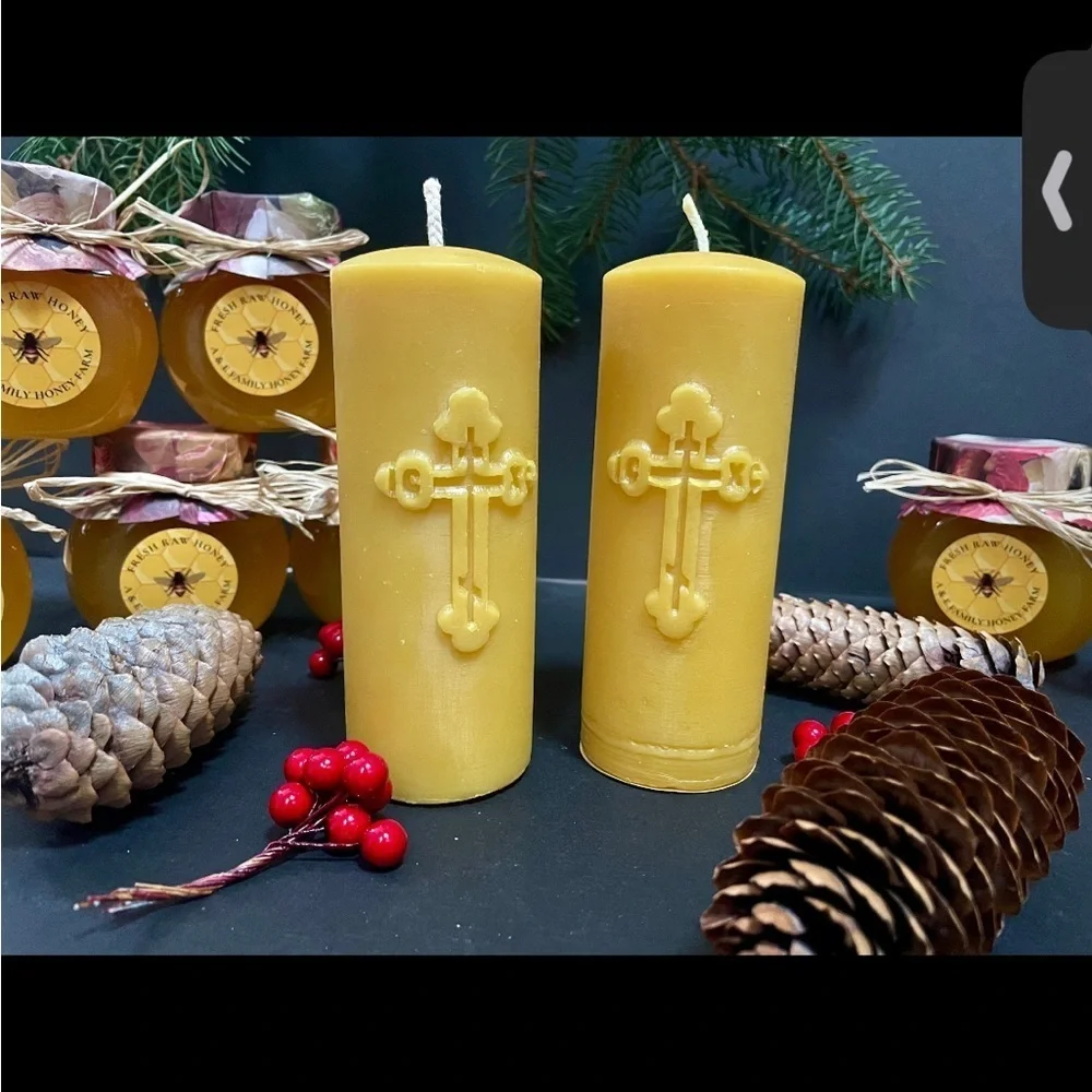 ORTHODOX CROSS PILLAR CANDLE  HANDMADE-BEESWAX (MEDIUM) 0489